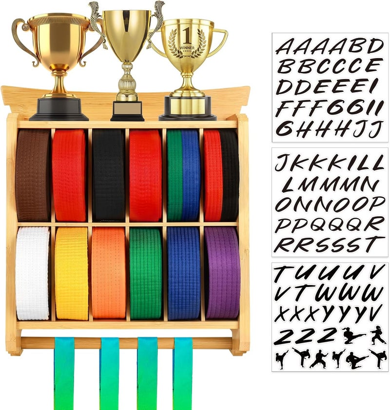 Tilhumt 12 Belts Karate Belt Display Rack with Trophy and Medal Display Rack, Taekwondo Belt Display Rack with Stickers, Martial Arts Belt Display for Kids and Adults - Image 1
